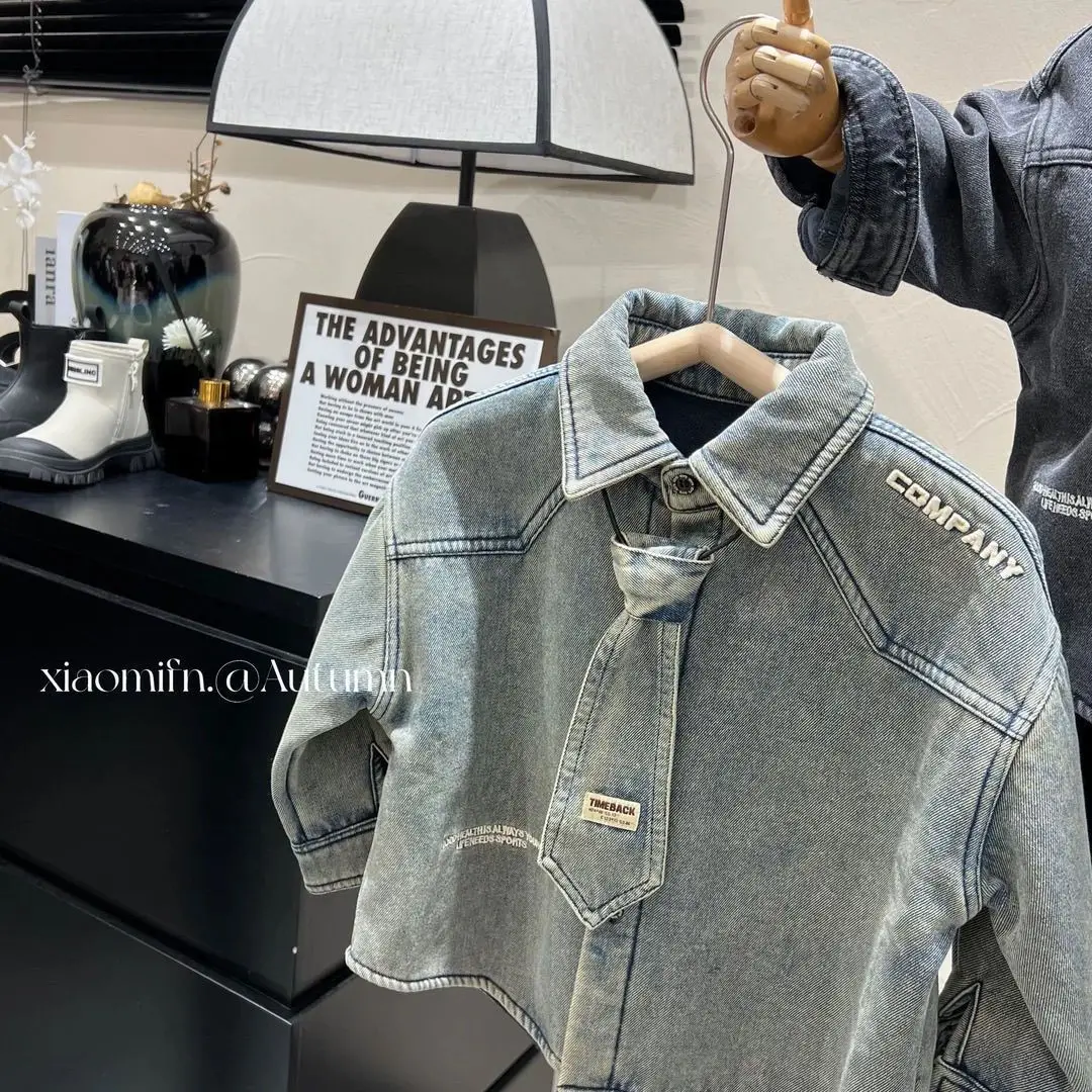 Plush Retro Boys' Coat, Children's Thick Denim Stylish Shirt, Cool New Style with A Collar, Long Sleeved Inner Layer