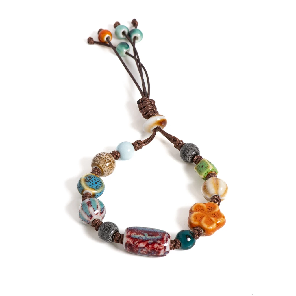 Handgefertigtes Keramik-Perlenarmband, verstellbar, Boho-gewebter Schmuck, Vintage-Stil, Ethno-Stil, Geschenk für Damen, Modeaccessoires S02-035