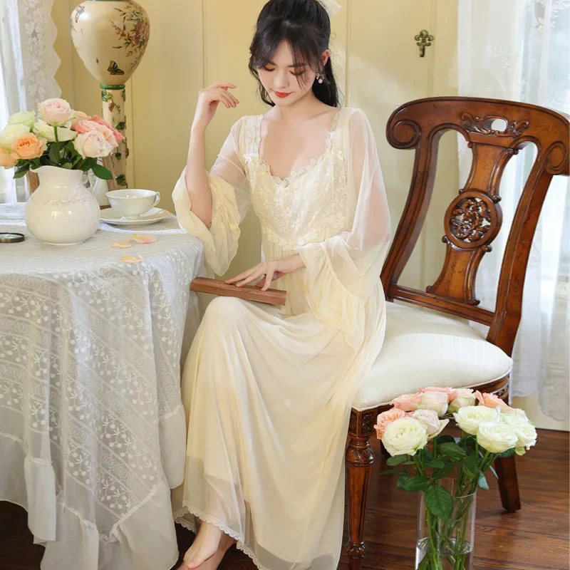 

Women French Sexy V-Neck Long Ankle-Length Nigthdress Princess Vintage Lace Nightgown Spring Autumn Full Sleeves Modal Nightie