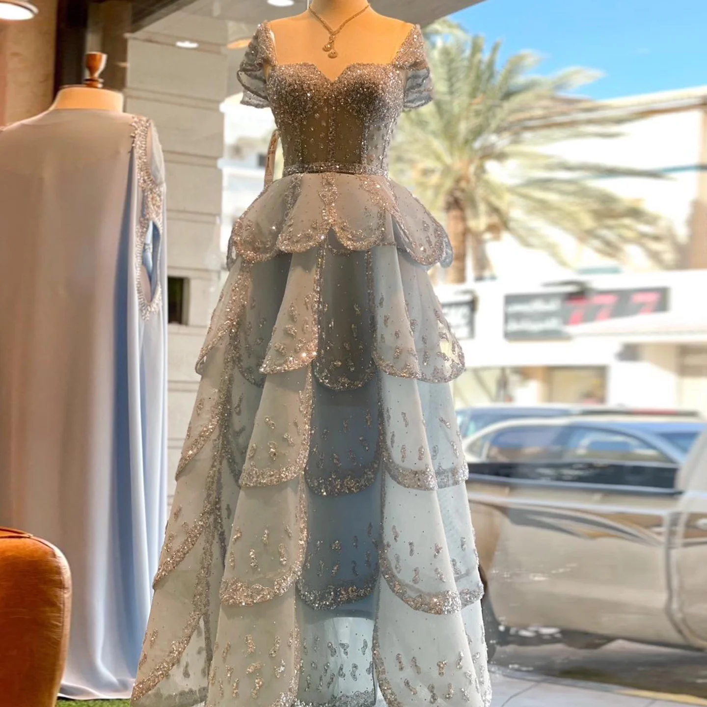 Sharon Said Abito da sera con perline di lusso con spalle scoperte Increspature a strati Eleganti abiti da ballo per feste arabe per le donne SS612 Personalizzato