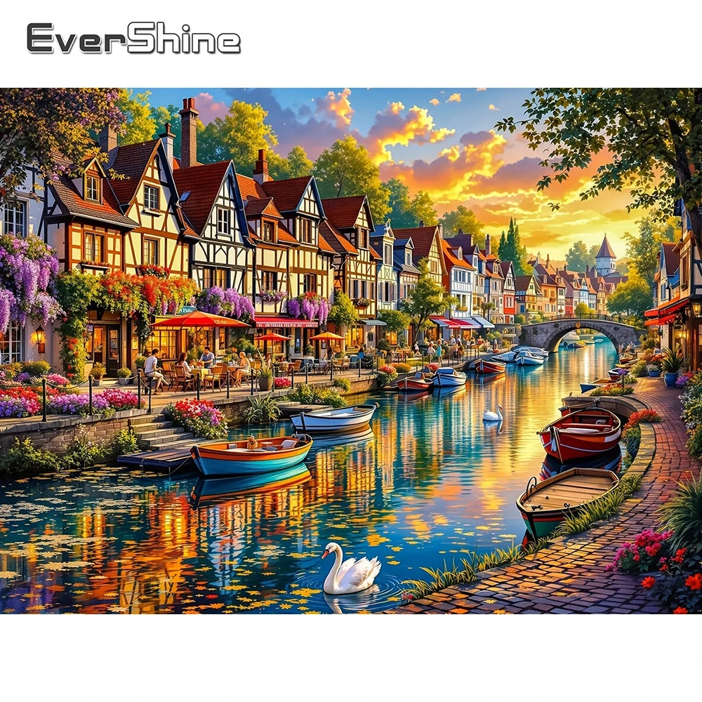 EverShine Diamant-Mosaik-Straßenbild mit Strass-Malerei, Landschaft, vollflächige Stickerei, Haus, Boot, einzigartige Heimdekoration