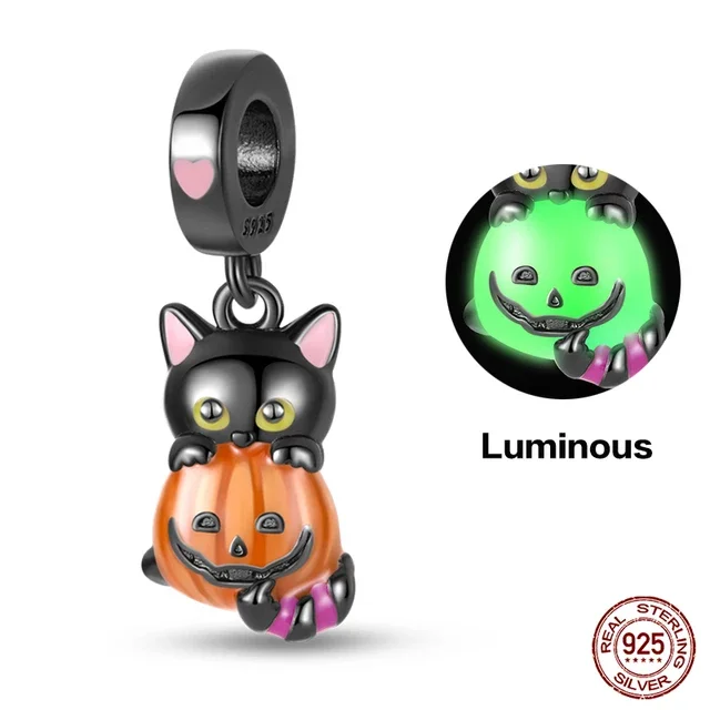 Srebrne zawieszki 925, świecące koraliki z czaszką dyni, zwisają DIY prezent z serii Halloween Charms oryginalna bransoletka dla kobiety biżuteria