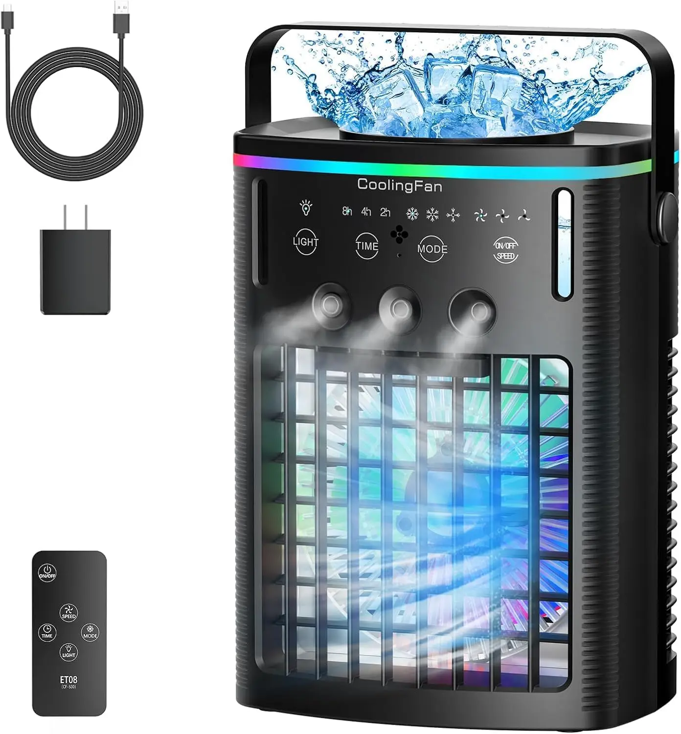 Mini Evaporative Air Cooler with Remote Control, Portable AC Unit, 3 Speed Settings, 3 Mist Modes, Timer, Personal Cooling Misting Fan for Bedroom Office Desk, Black