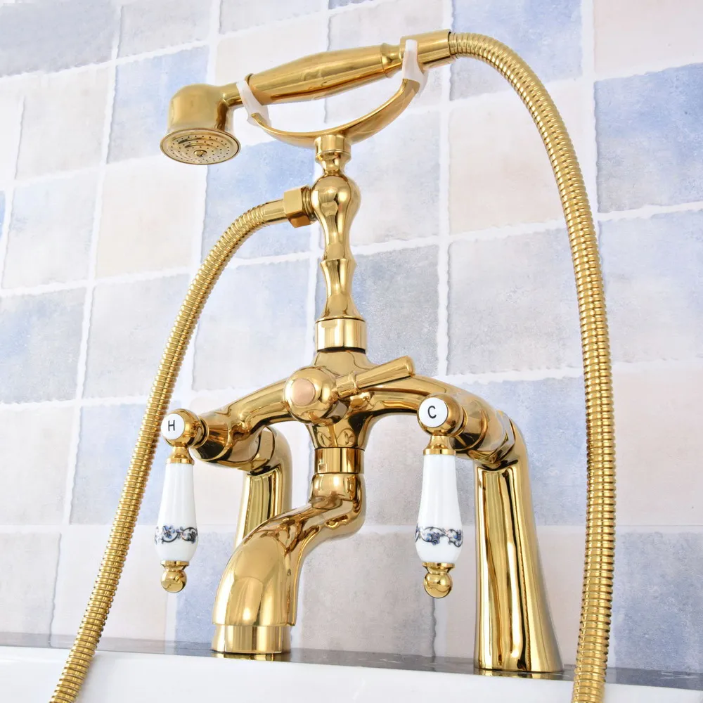 

Bathtub Faucets Polished Golden Luxury Deck Mounted Telephone Style Clawfoot Tub Mixer Tap with Handheld Spray Shower Ltf788