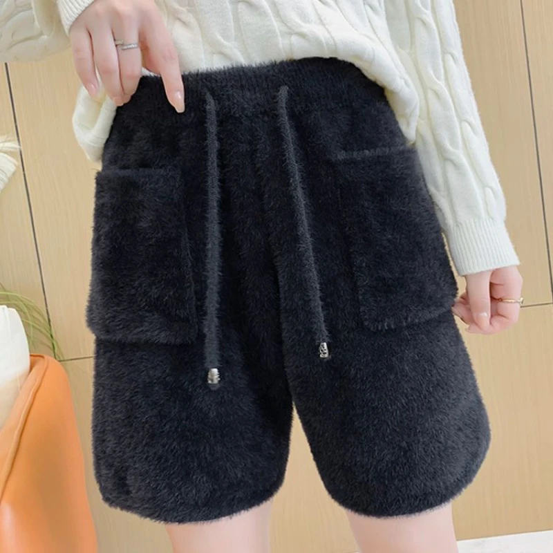 기질 패션 가을 겨울 새로운 모직 여성 솔리드 탄성 높은 허리 주머니 Drawstring 세련된 느슨한 a 라인 와이드 레그 반바지