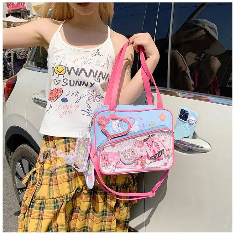 

Y2K Cute Color-Block Denim Ita Bag for Anime Badges Large Capacity Transparent Messenger Bag for Ins Trendy Student Daypack