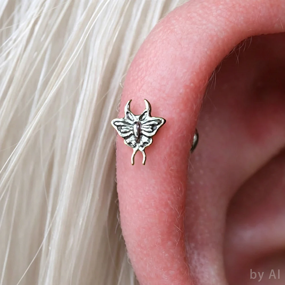 Casvort 1PC ASTM F136 Titanium Flat Back Studs Dark Gothic Moth Lip Ring Threadless Labret Earring Helix Conch Piercing Jewelry