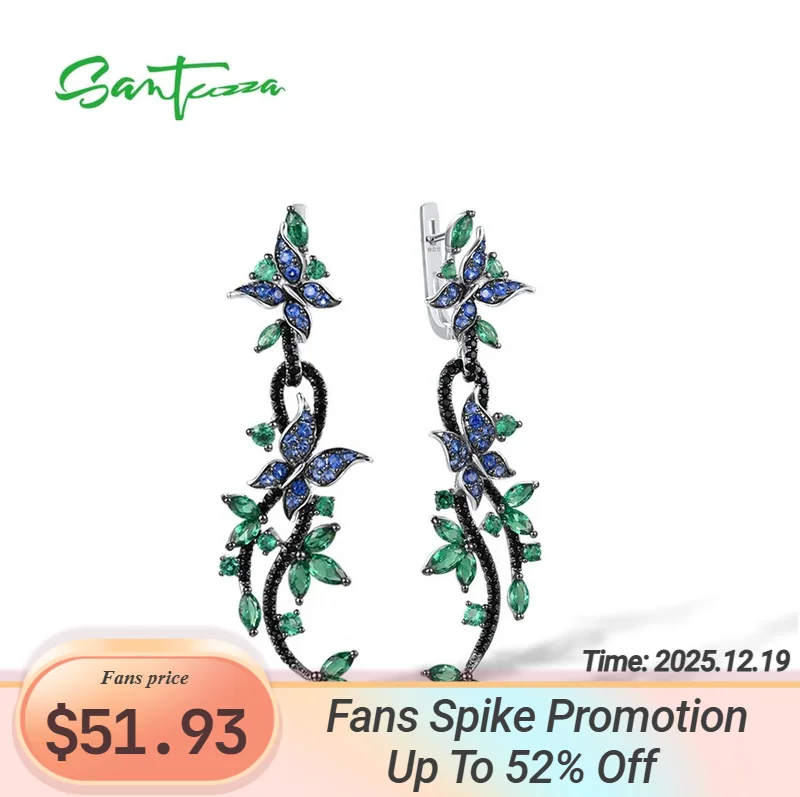 

SANTUZZA 925 Sterling Silver Drop Earrings For Women Green Black Spinel Blue Nano CZ Butterfly Leaf Earrings Trendy Fine Jewelry