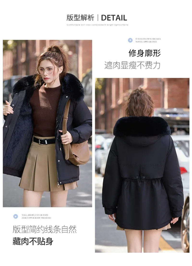 2026 Winter Jacket New Women Parka Clothes Mid Length Coat Wool Liner Hooded Jacket Fur Collar Thick Warm Snow Wear Padded Parka