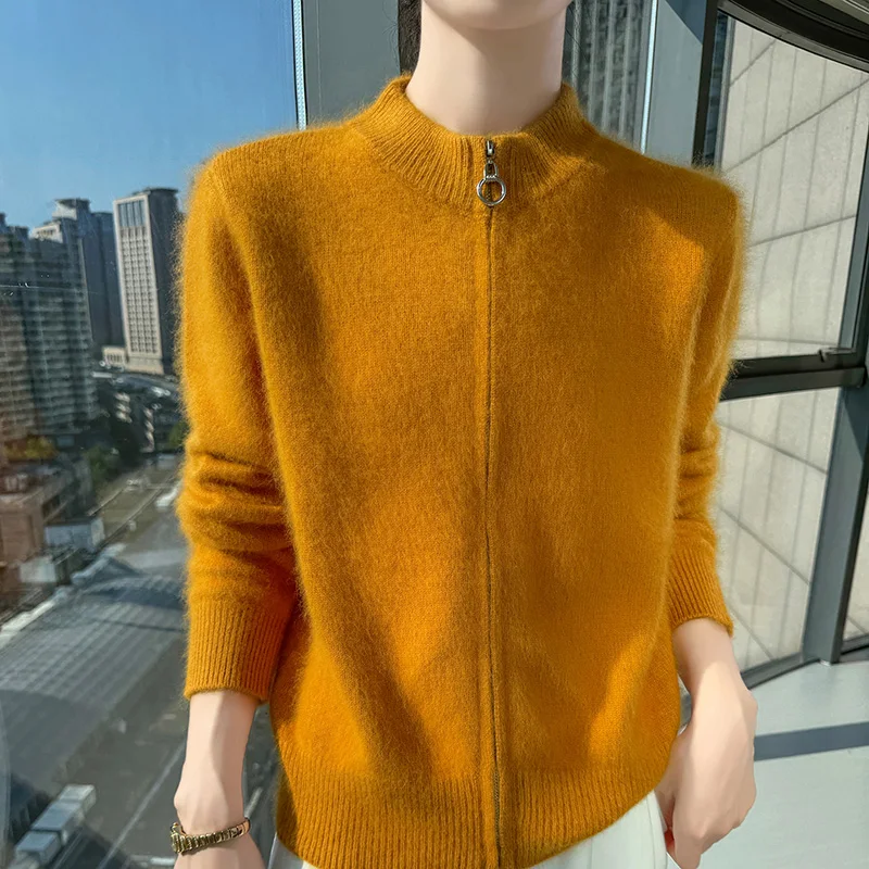 Cardigan con cerniera in lana di visone a maniche lunghe autunno e inverno Top da donna in maglia di lana allentata tinta unita