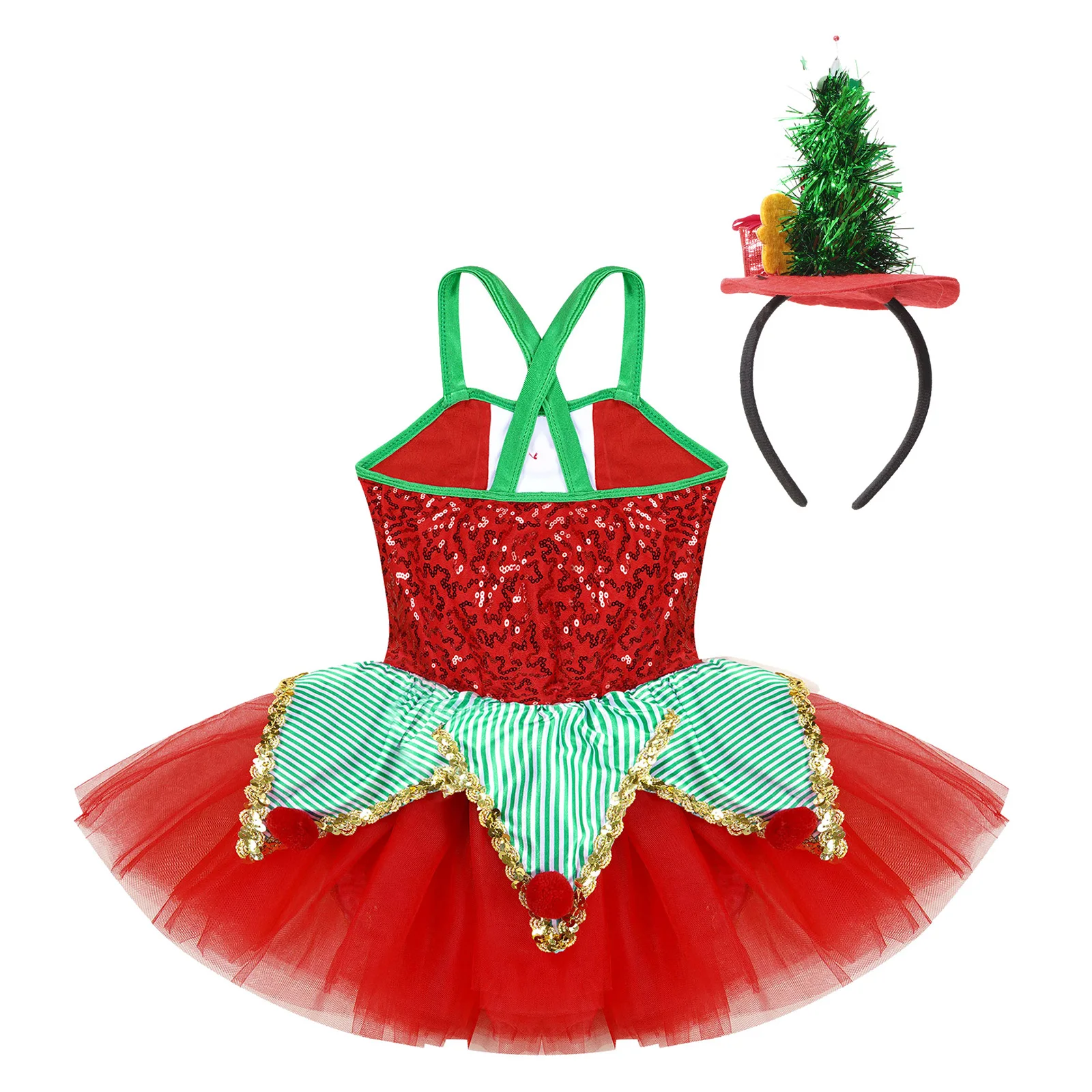 Vestito da tutù di balletto con volant e palline di peluche con paillettes per bambina, con fascia per capelli, costume da spettacolo per feste cosplay di Natale