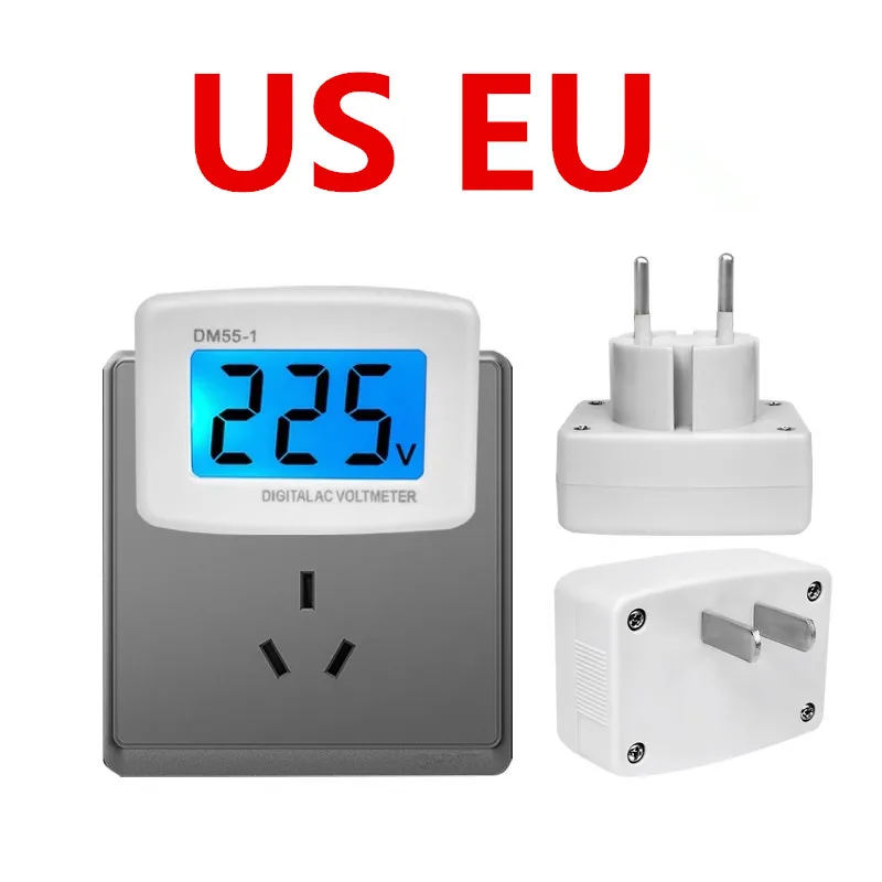 

NEW DM55-1 US AU EU 80-300V AC LCD Digital Voltage Meter Plug Voltmeter Testers Blue Backlight Wall Flat Voltage Measuring