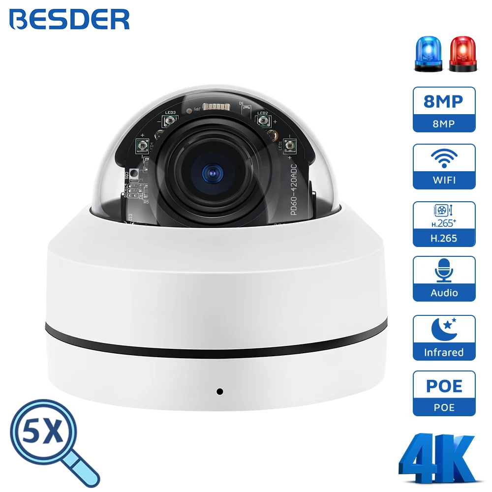 BESDER 8MP IP Camera Wifi 5X Optical Zoom Outdoor Night Vision 48V POE Wireless CCTV Video Surveillance Camera Onvif H.265 Audio