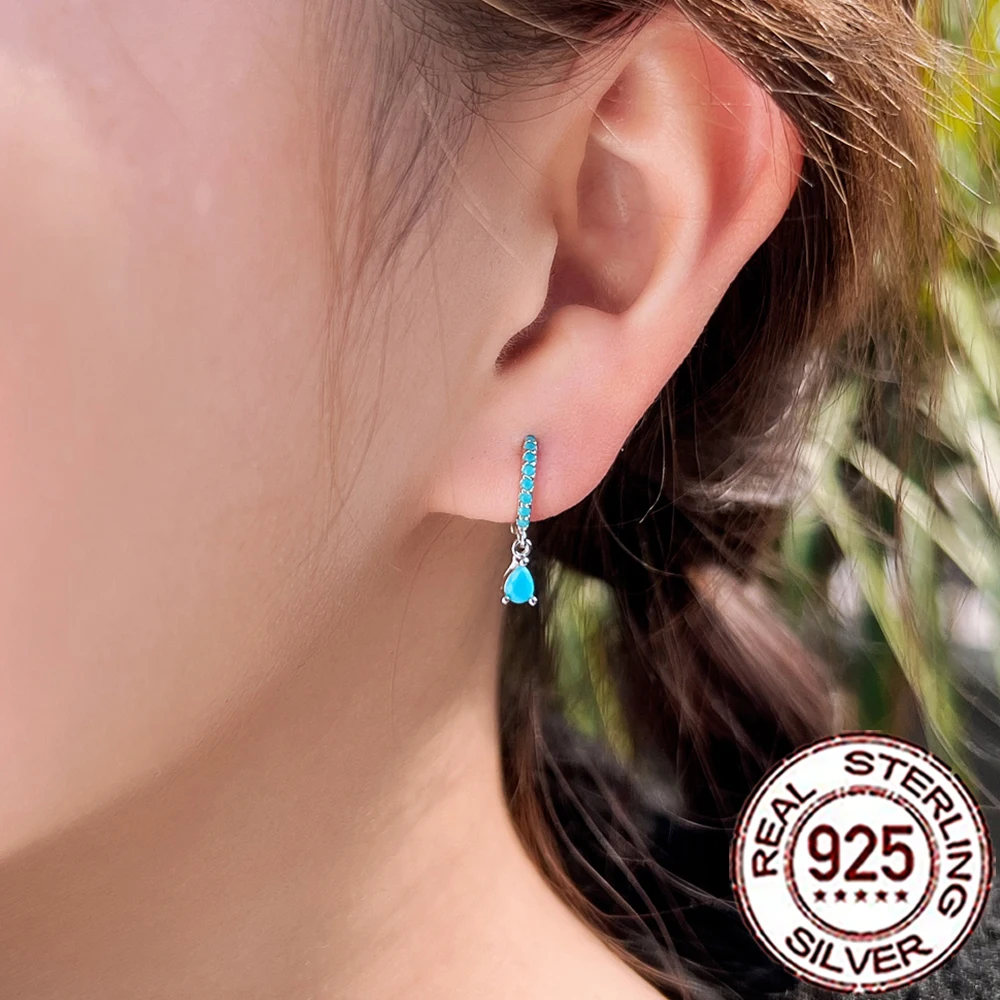 CWWZircons Sterling Silver 925 Elegant Water Drop Blue Turquoise Dangle Hoop Earrings for Women Wedding Party Jewelry Gift SE100 3