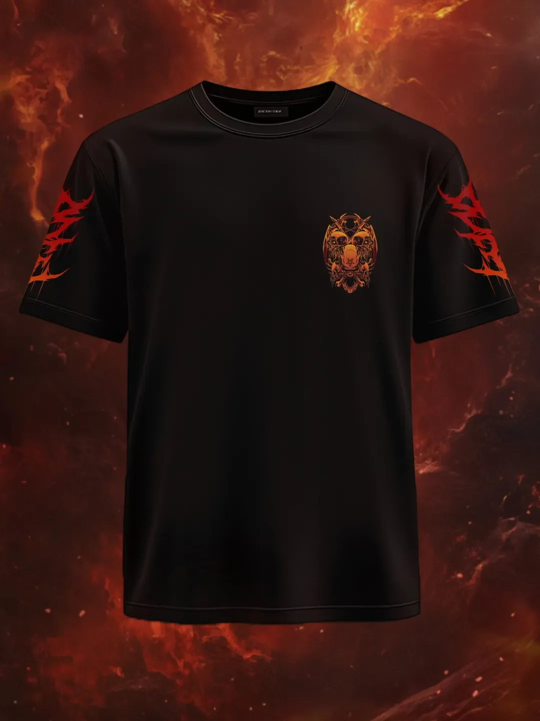 Gothic Metal Skull Pentagram T-shirt Gothic Flame Sleeve Pattern Scars Exist Flame Sleeve Back Printed Casual Top
