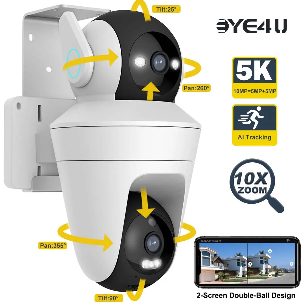 10MP 5K Security WiFi Camera Dual Len Dual Screen Outdoor PTZ Video Cam 10XZoom Auto Tracking Smart Home Waterproof Surveillance