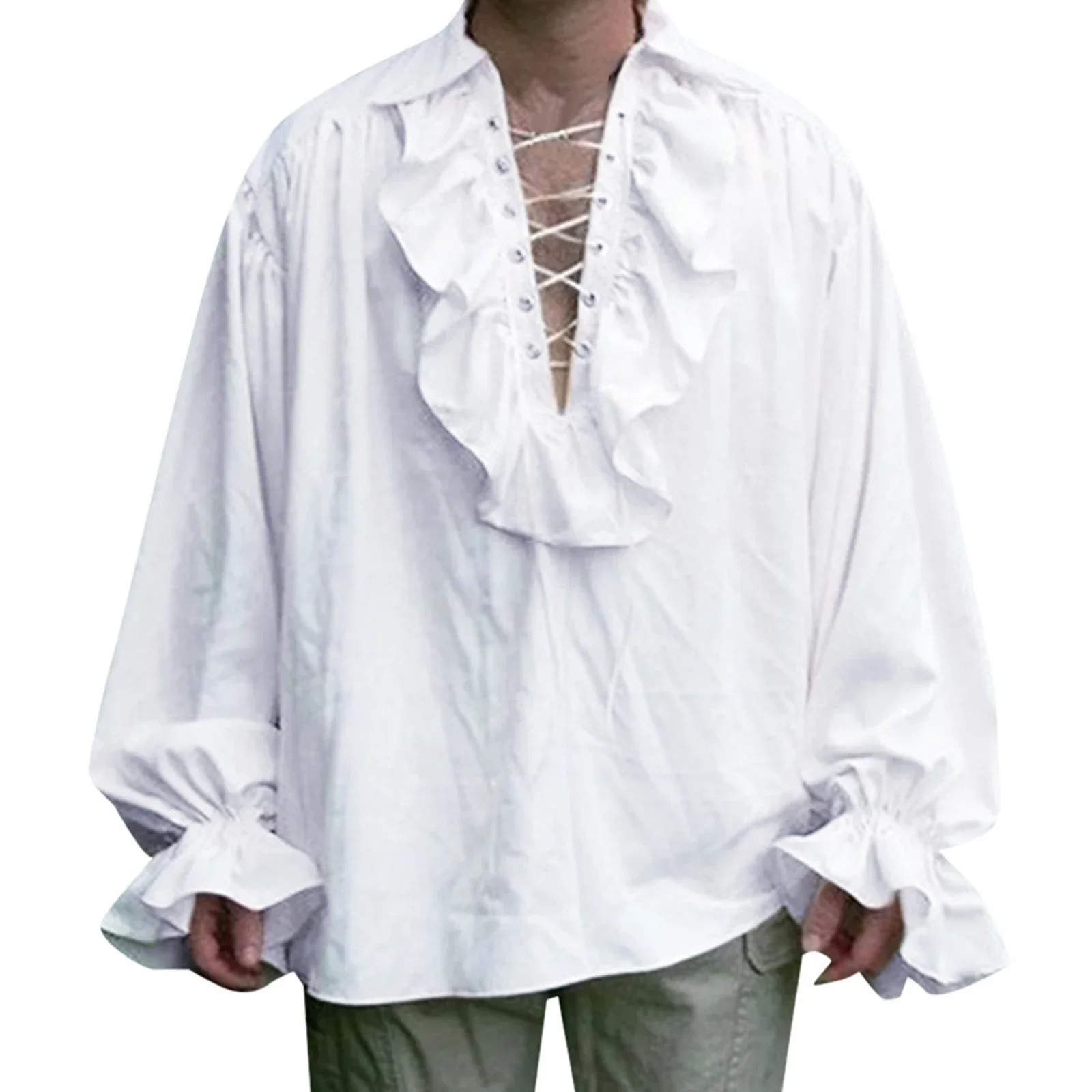 

Mens Renaissance Costume Ruffled Long Sleeve Lace Up Medieval Steampunk Pirate Shirt Cosplay Prince Halloween Costume Tops