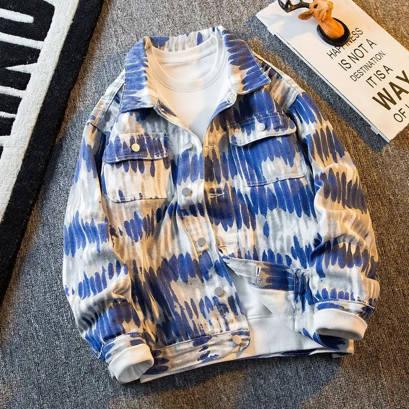 Spring and Autumn Men's Tie-dye Denim Jacket Fashionable Minority Tide Brand Hong Kong Style Loose Trend Lovers Simple Printing