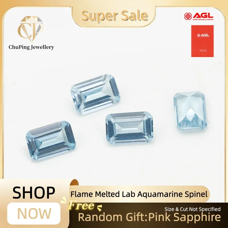 Premium Quality Lab Grown Aquamarine Spinel Emerald Cut Flame Melted With AGL Certificate Loose Gemstone For Fine Jewelry Making