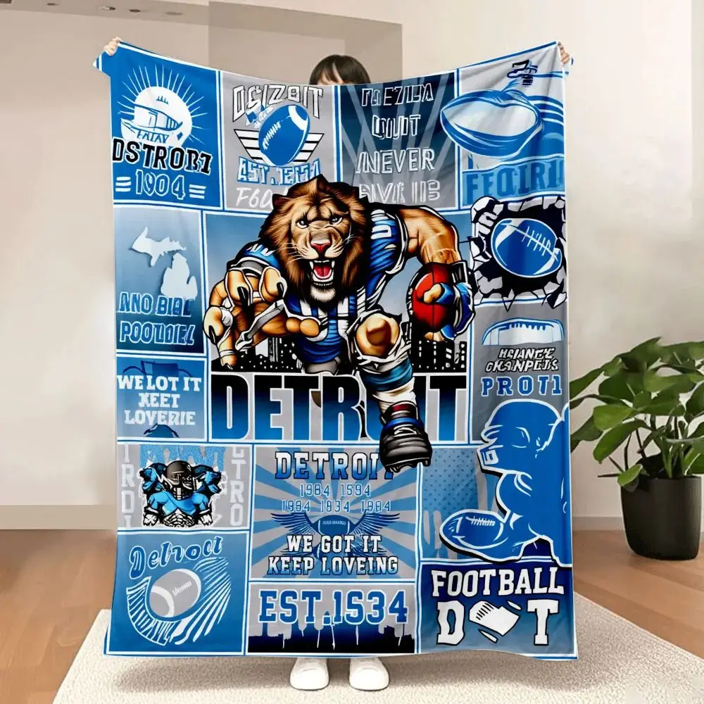 Detroit Football Themed Blanket, Vibrant Blue and Grey Artwork, Featuring The Fierce Lion Mascot, Celebrating