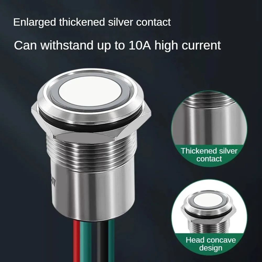 16/19/22mm 10A High Current IP67 Waterproof Metal Push Button Switch LED Light Momentary Latching Outdoor Power Switch Red Green