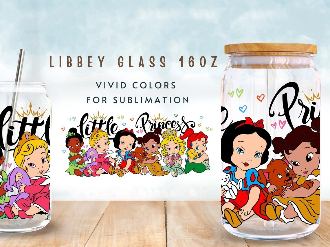 Little Princess Disney UV DTF Cup Wrap para 16Oz liberbey Glass Can DIY Transfer Sticker