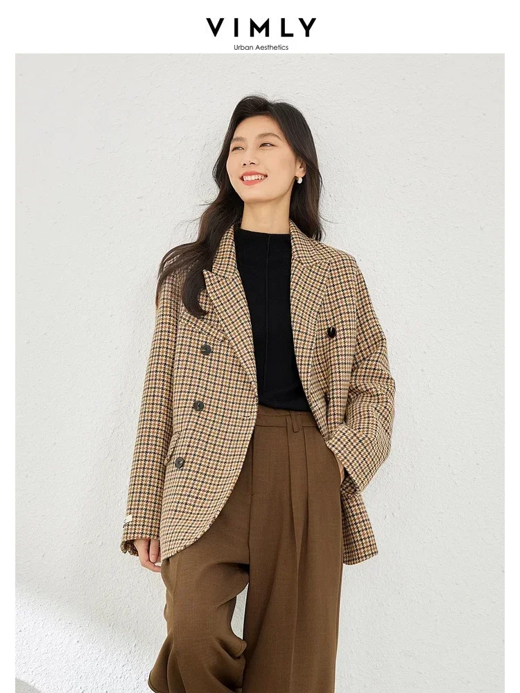 Vimly Vintage Plaid Wool Blend Coat Women 2023 Winter Office Lady Double Breasted Tailored Blazer Thick Warm Woolen Jacket 50723