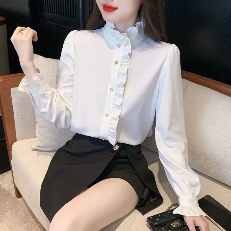 French Court Style Lotus Leaf Edge Standing Collar Shirt for Women New White Interior Shirt High-end and Chic Top