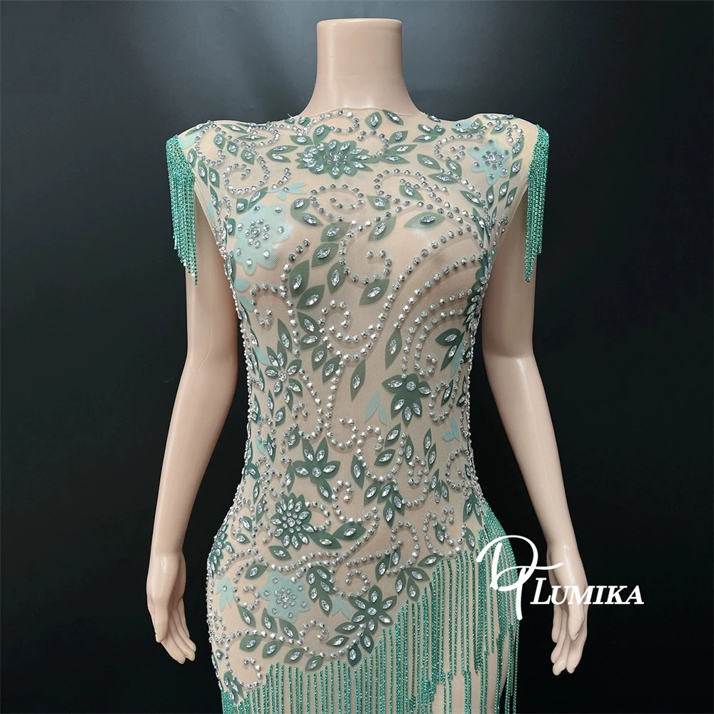 DTLumika vert glands longue gaine robe de soirée perles cristaux robes de soirée robes de Cocktail avec des glands robe de soirée de Cocktail