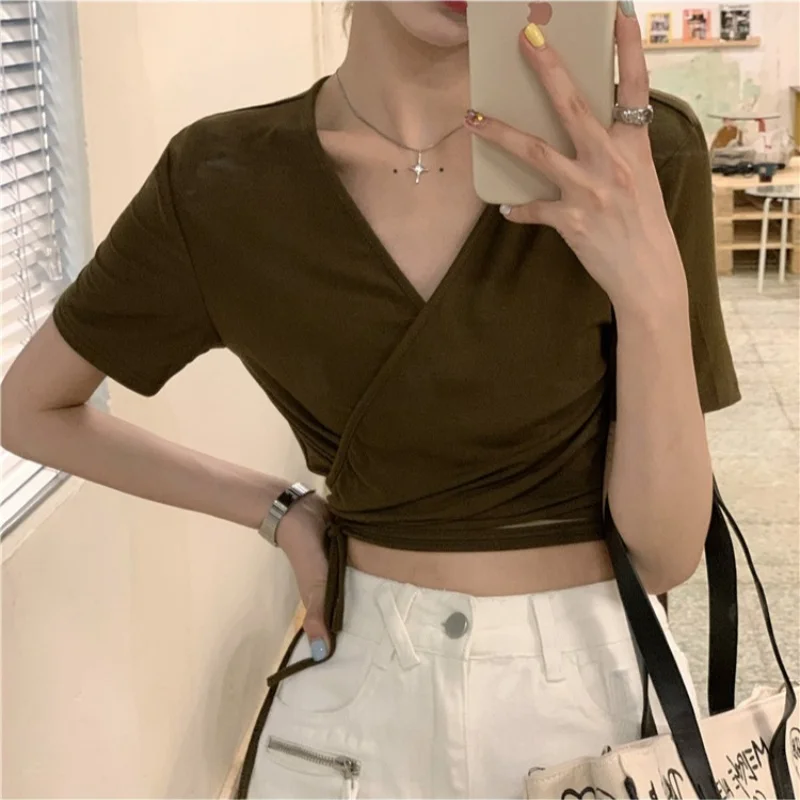 V-neck Women's T-shirts Sexy Vintage Crop Tops Kpop Y2k Gothic Harajuku Summer Cheap Clothes Woman Streetwear Tees Tshirt