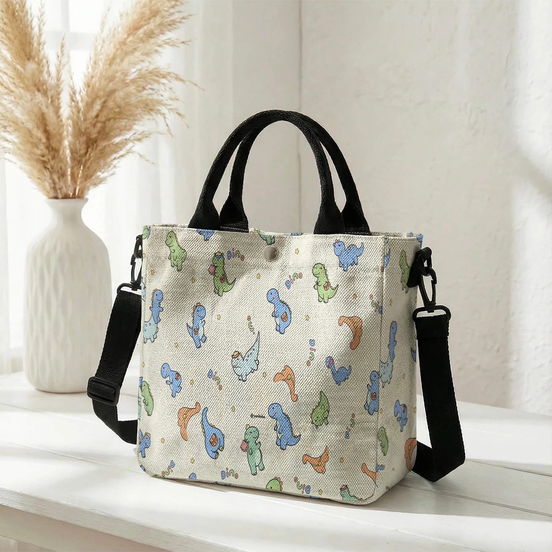 Cute Dinosaur All Over Print Tote Bag, Detachable Strap Crossbody Handbag For Daily Work Shopping