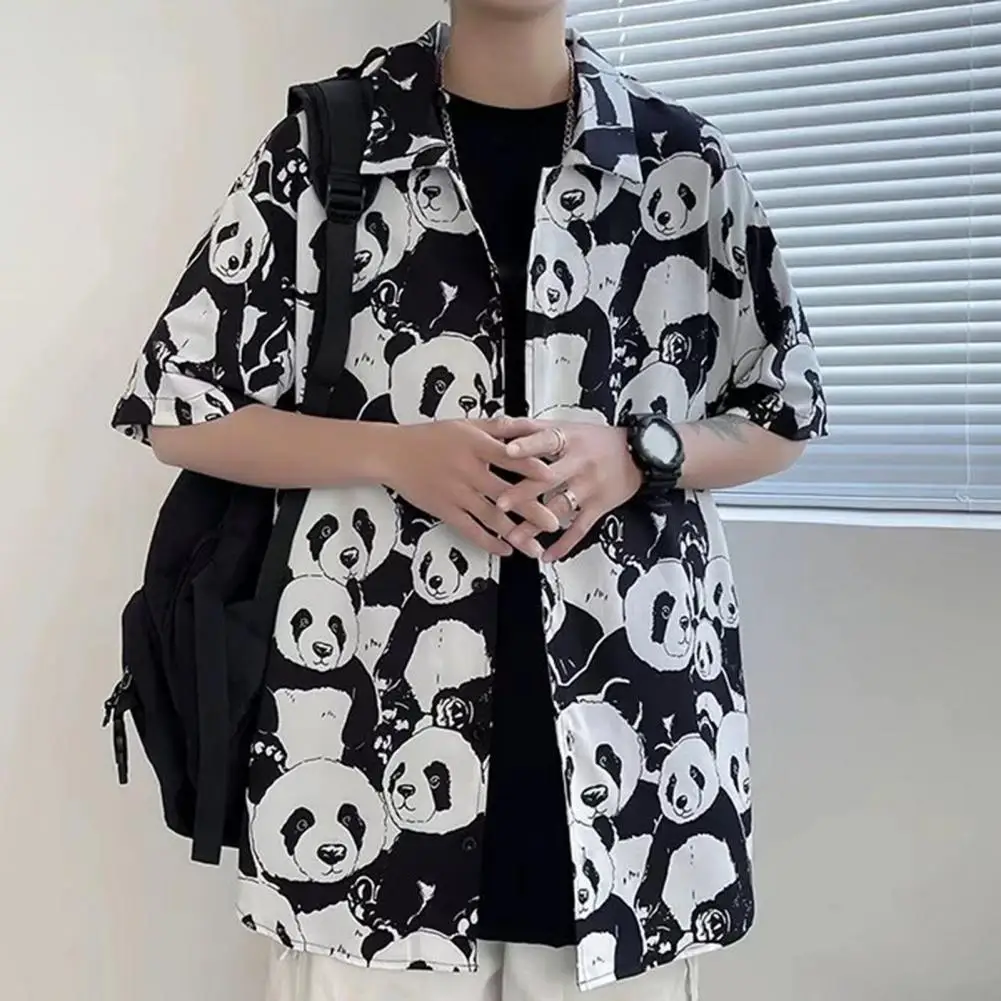

Black White Shirt Men's Summer Panda Printed Shirt Casual Loose Fit Streetwear Fashion Tee with Short Sleeves Single-breasted