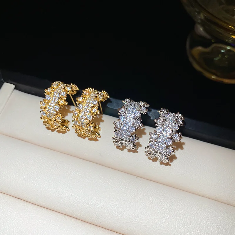 Delicate Design C-shaped Stud Earrings Women Luxury High-end Wide-face Zircon Earring Fashion Charm Jewelry Birthday Party H