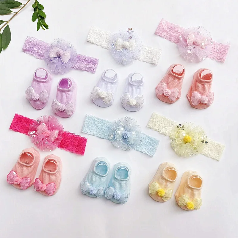 

Детские носки, комплект с повязкой на голову, носки принцессы для новорожденных с кружевным бантом, реквизит для фотосъемки, нескользящие детские носки-лодочки, одежда для фотосъемки