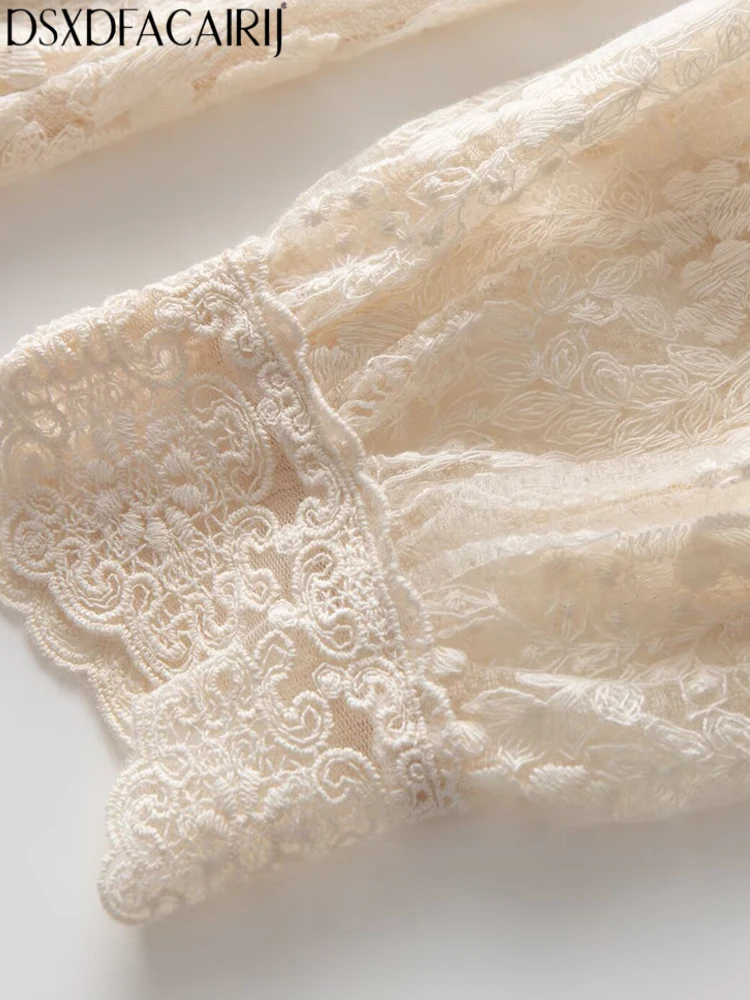 DSXDFACAIRIJ ชุดเดรสผู้หญิงคอวี แขนทรงโคม ผ้าลายแจ็คการ์ด ผูกเชือก แต่งผ้าลูกไม้ สไตล์หวานๆ สำหรับฤดูใบไม้ผลิและฤดูใบไม้ร่วง