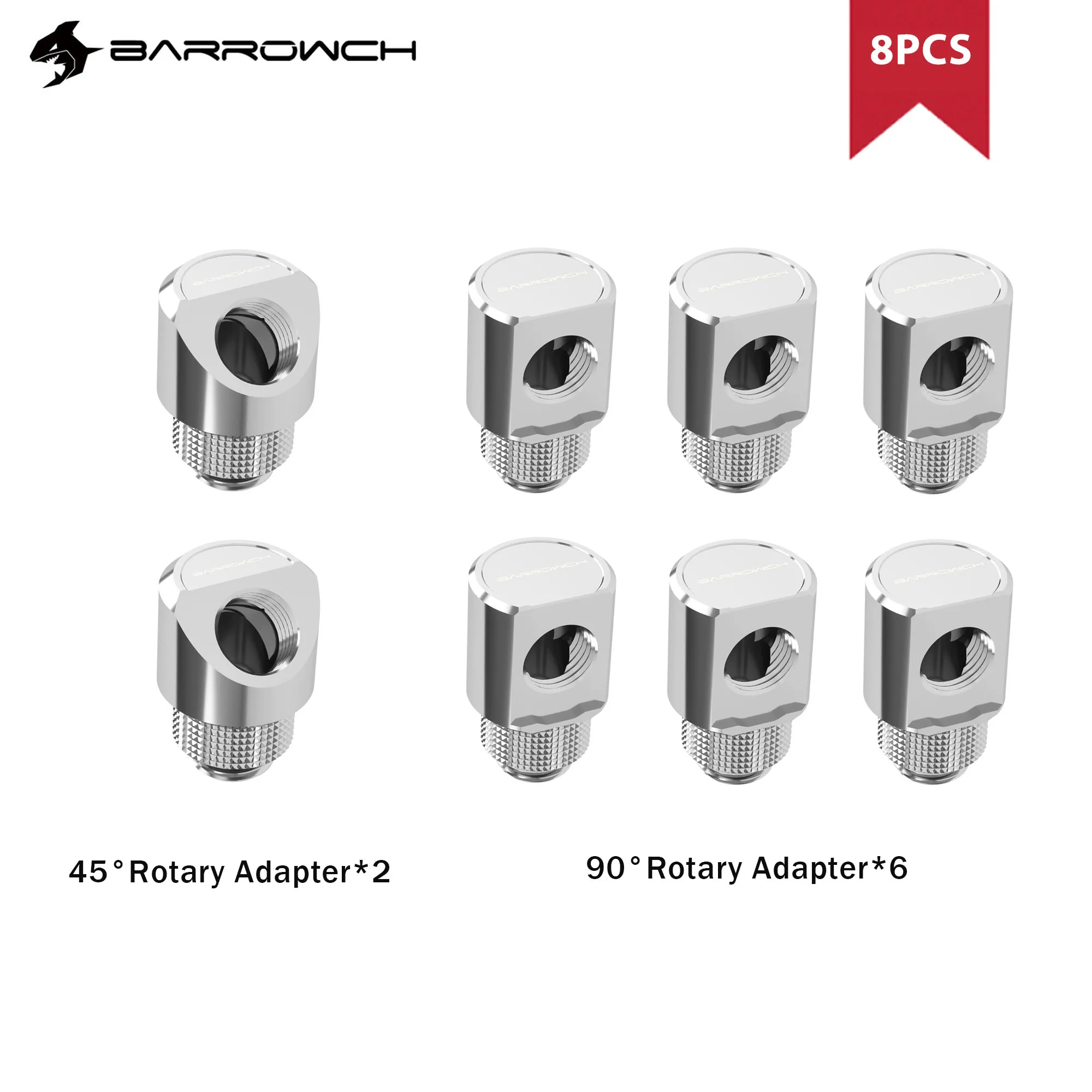 Barrowch 6pcs 90°Rotary Adapter +2pcs 45°Rotary Adapter 'G1/4' thread with smooth surface water cooling Adaptors Metal M to F