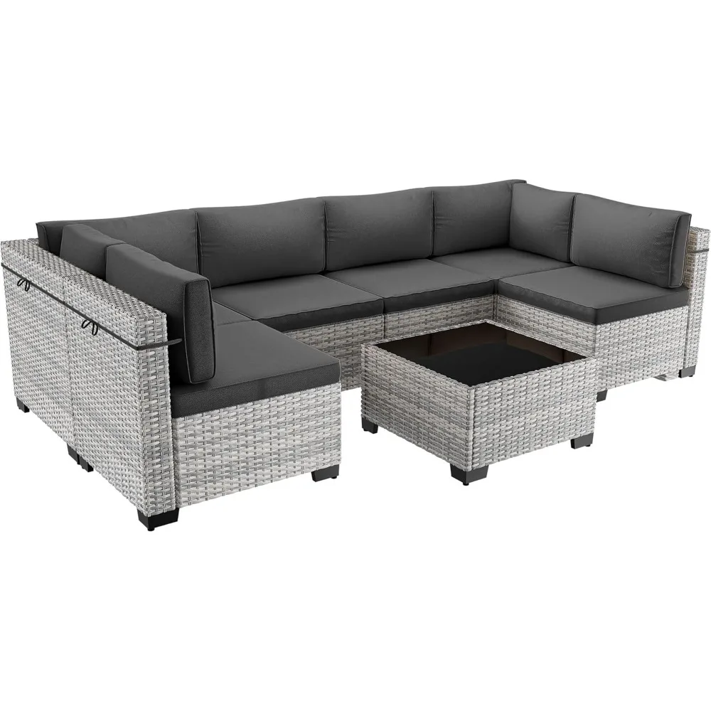 

7-Piece Patio Furniture Set, Outdoor Sectional with Thick Cushions, Modular Patio Sofa, Dual-Strand Wicker Rattan, Rust-Resistan