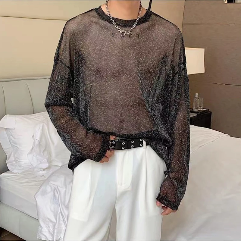 Nightclub Tops Mens Sexy Transparent Glitter Mesh T Shirts Fashion Long Sleeve O Neck See Through Basic Tops Men Streetwear Tees