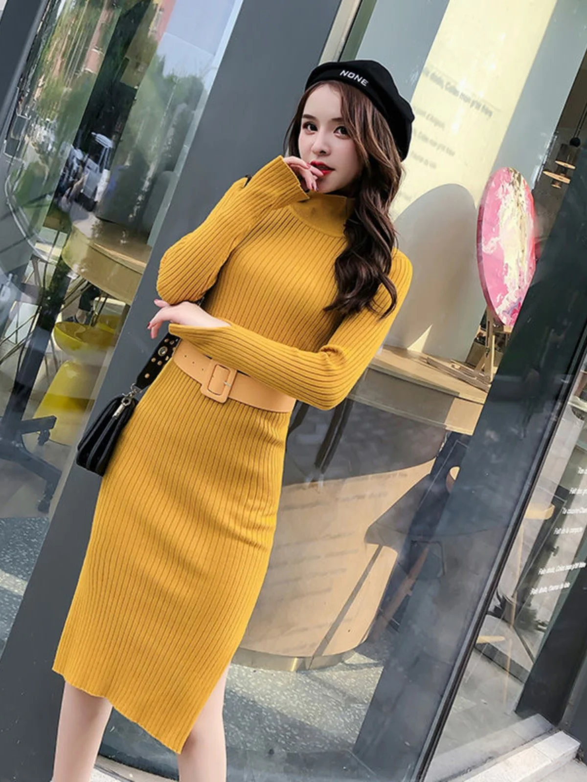 Elegant High Collar Knitted Long Sleeve Bodycon Dress mid Length with Slit for Women Autumn Winter Fashion Chic Sle