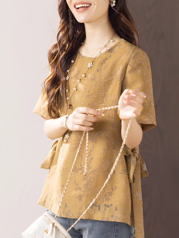 เสื้อยืดปักลายดอกไม้ ไซส์ใหญ่ ดีไซน์ผูกโบว์ด้านข้าง ทรงกลม ใส่ได้หลากหลาย สไตล์ลำลอง เหมาะกับการเดินทาง ทรงหลวม...