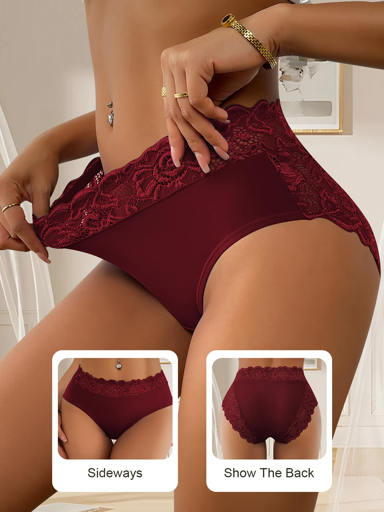 4개 세트 여성용 레이스 미드라이즈 브리프 프린트 브리프 섹시한 부드러운 속옷 레이스 트림 통기성 일상 속옷