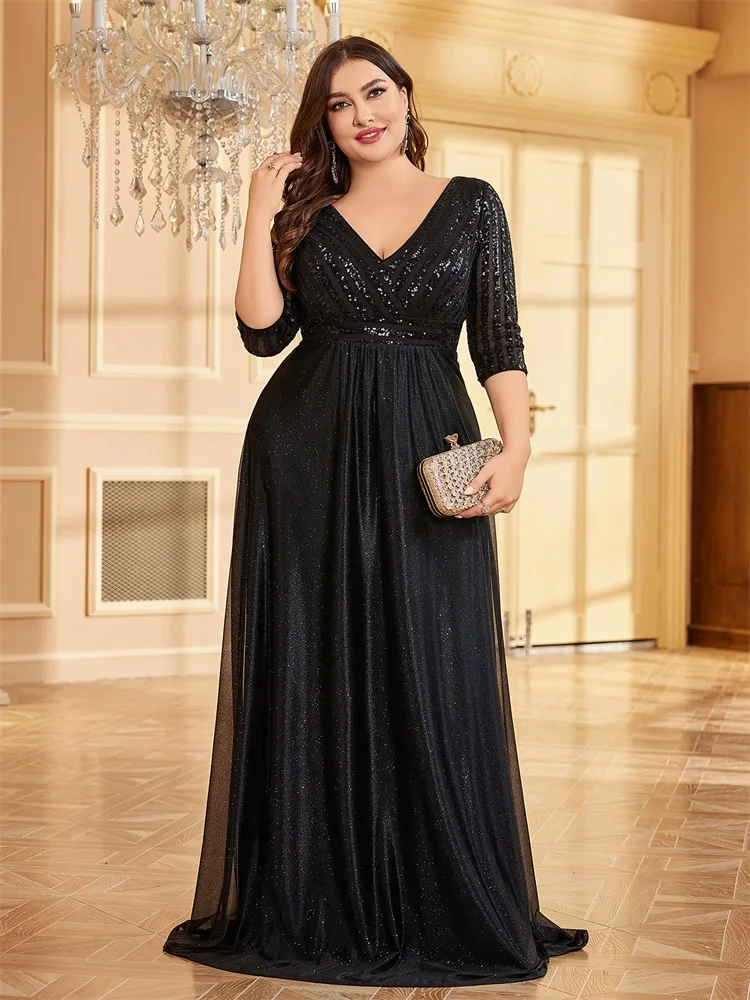 

XUIBOL Plus Size Luxury Black Sequin V-Neck Evening Dress Women Chiffon Long Sleeve Party Maxi Prom Floor Lenght Cocktail Dress