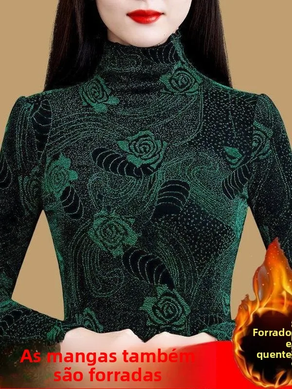 women's-fleece-lined-high-collar-base-shirt-spring-autumn-fashionable-versatile-warm-top-inner-wear-matching-neck-pin