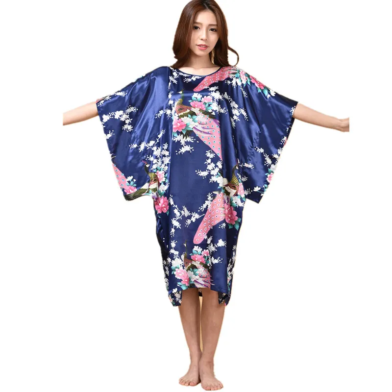 

Hot Sale Chinese Women's Silk Sleepwear Robe Summer Lounge Home Dress Printed Peacock Yukata Nightgown J06