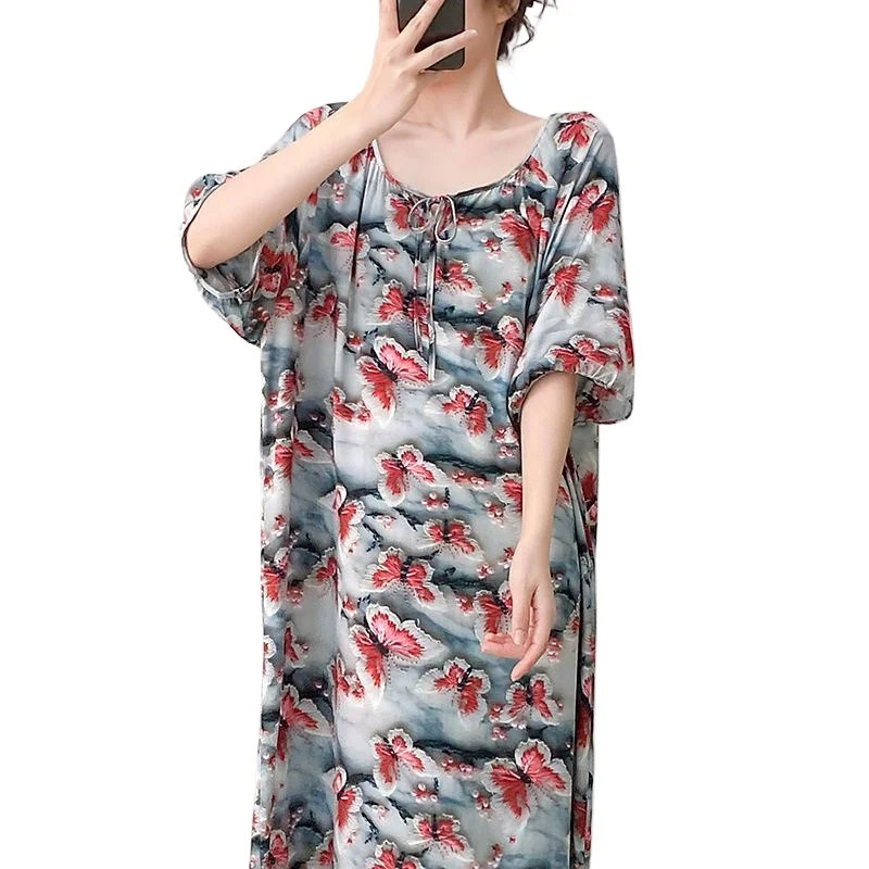 Short-sleeved Cotton and Silk Nightgown Women's Summer Medium-sleeved Long Dress Artificial Underwear Large-size Maternity Dress
