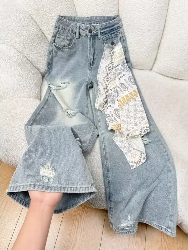 Wide Leg Denim Jeans with Scarf Splicing Straight Cut Women's plus Size Loose Slimming Design Autumn New Style Casual Fashion