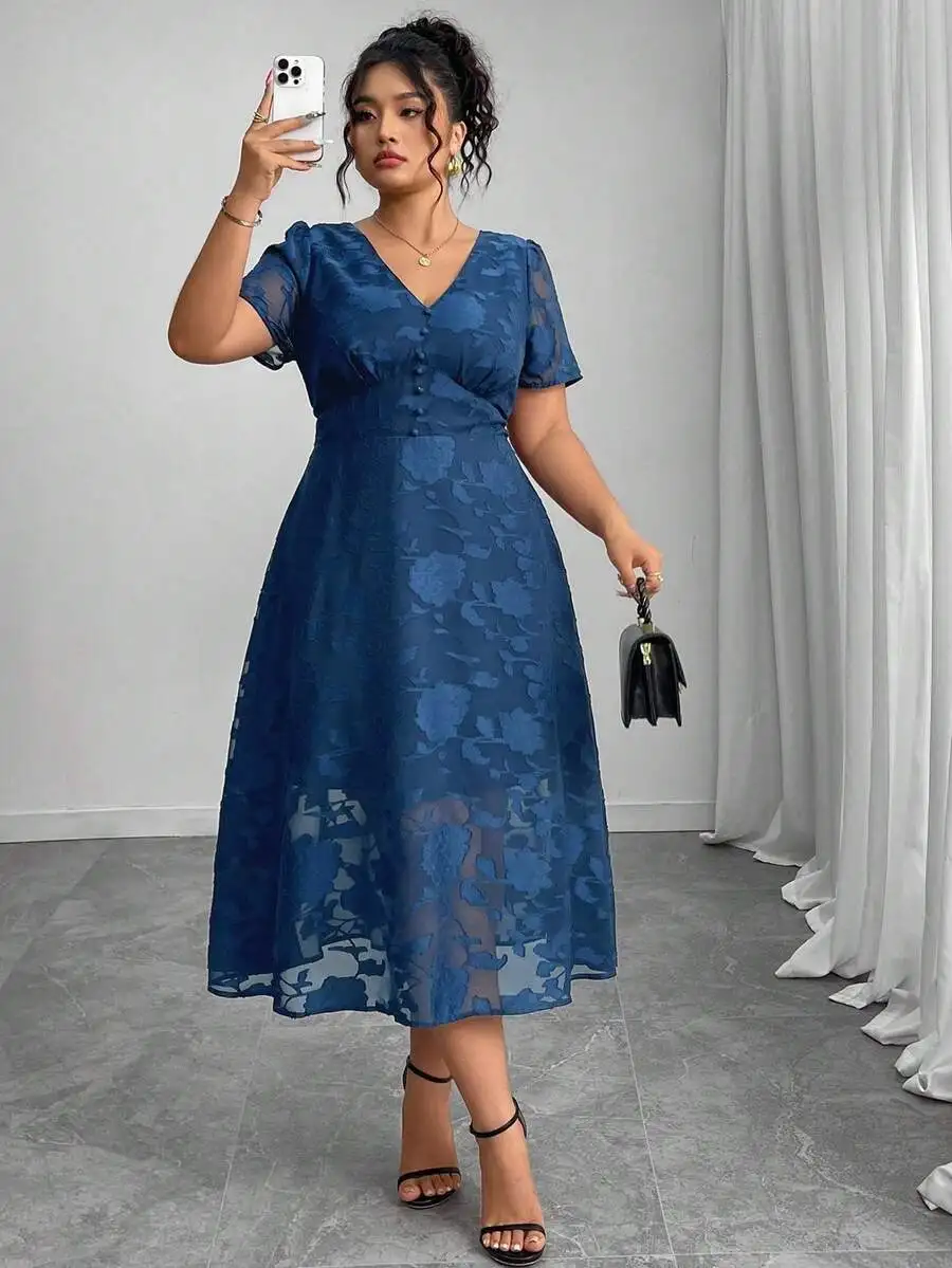 

Plus Size Elegant Blue Floral Jacquard V-Neck Midi Dress with Button Detail