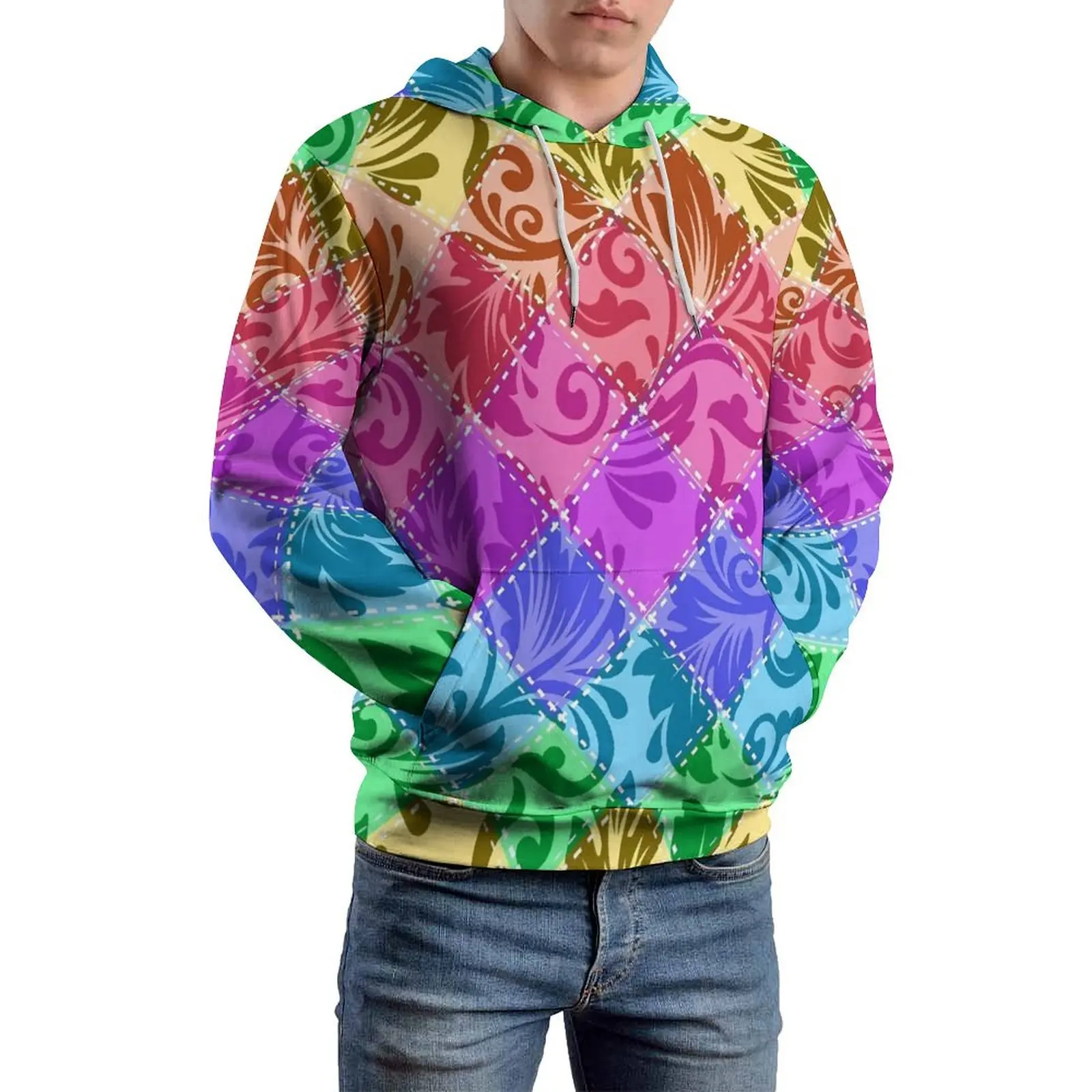 

Rainbow Patchwork Print Loose Hoodies Retro Korean Fashion Hoodie Male Long-Sleeve Pretty Custom Hooded Sweatshirts 4XL 5XL 6XL