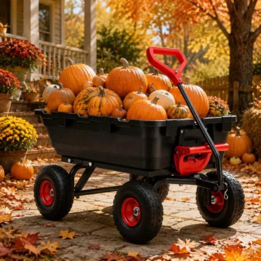 Garden Dump Cart Wagon for outdoor use, steel construction, black finish, 900 Lbs heavy-duty capacity