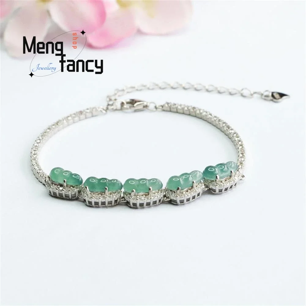 S925 Silver Lnlaid Natural Jadeite Ice Blue Water Four Season Bean Bracelet Exquisite Elegant High-grade Luxury Quality Jewelry